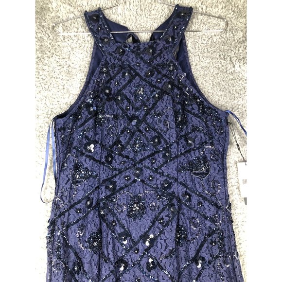 ADRIANNA PAPELL BEADED HALTER GOWN LIGHT NAVY Sz 14 - Picture 3 of 16